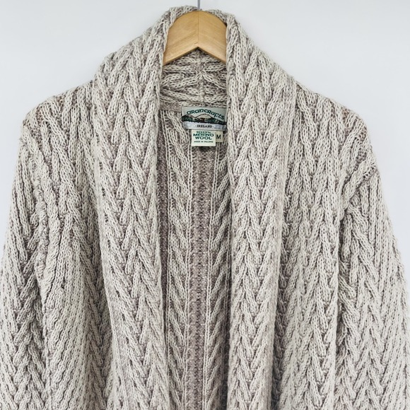 Aran Crafts Cardigan Sweater Women Ireland Merino Wool Neutral LONG Edge to Edge - Picture 7 of 16
